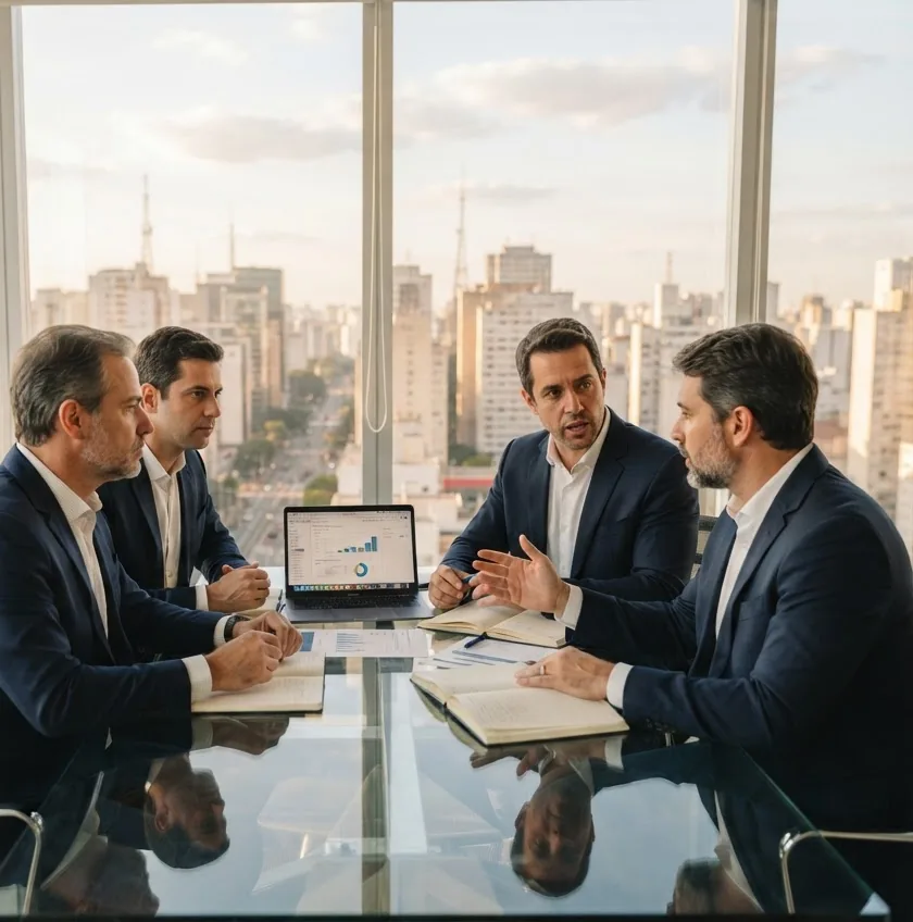 Empresários em reunião de estruturação de negócio